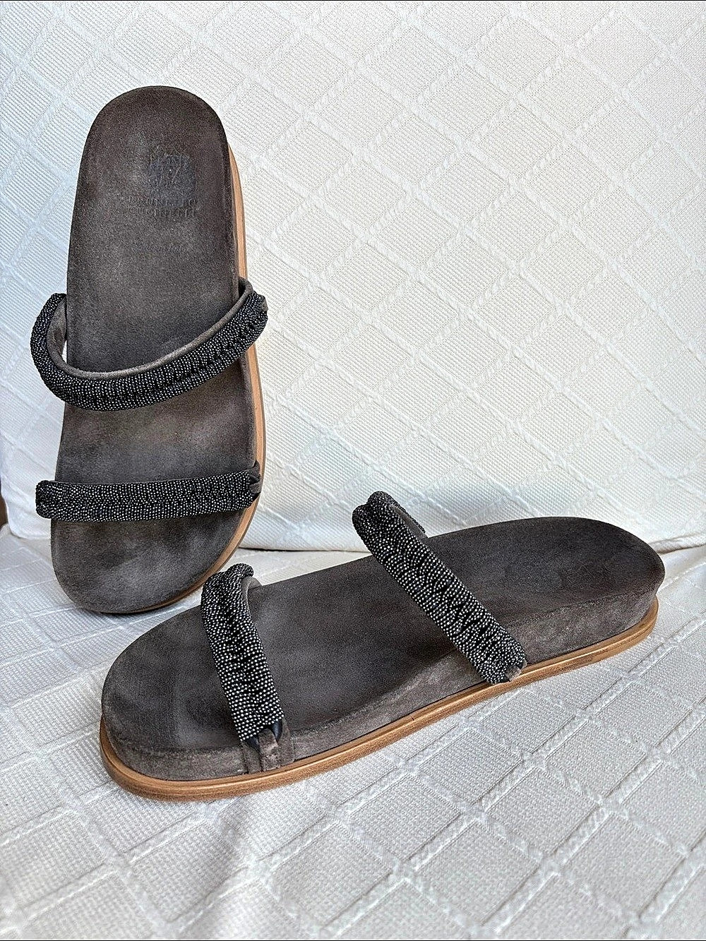 Brunnello Cucinelli brown suede beaded sandal Like New